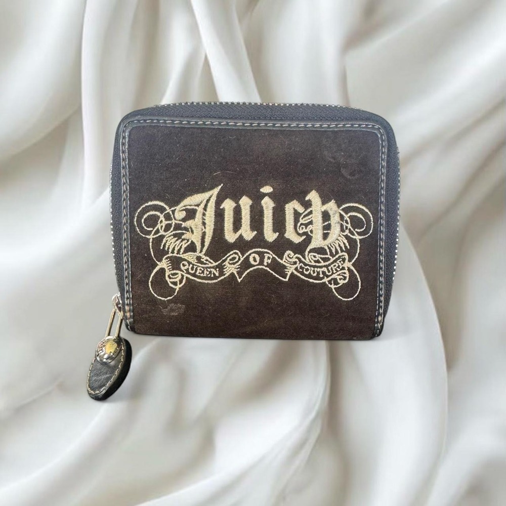 Y2K vintage Juicy Couture zip-around wallet dark brown velour exterior